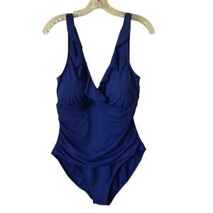 Lauren Ralph Lauren Swimsuit Womens One Piece Ruffle Modest Blue Tummy Control